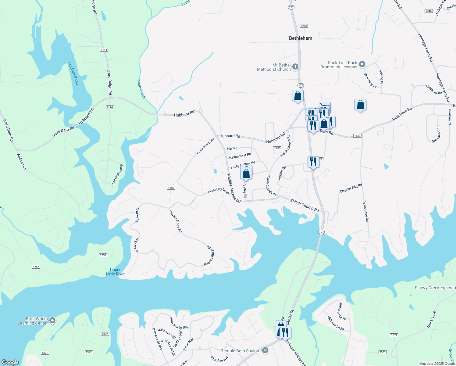 map of restaurants, bars, coffee shops, grocery stores, and more near 529 Wildlife Access Road in Hickory