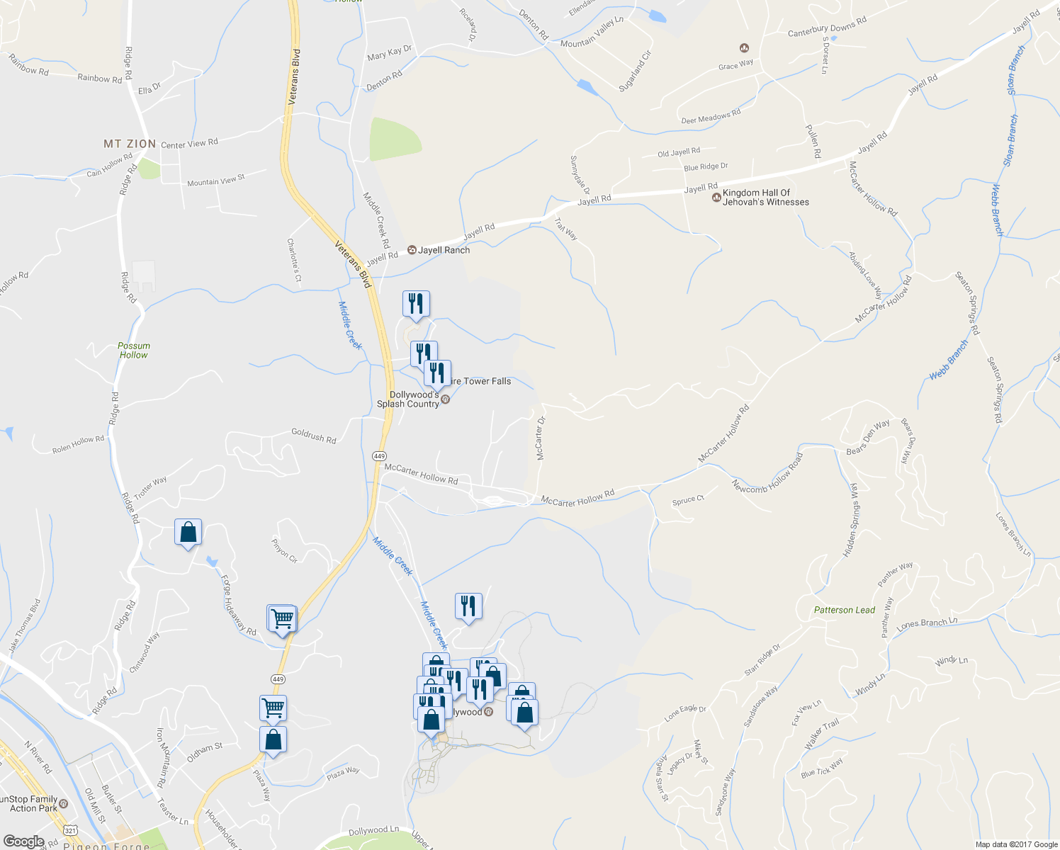 map of restaurants, bars, coffee shops, grocery stores, and more near 2205 Applewood Road in Sevierville