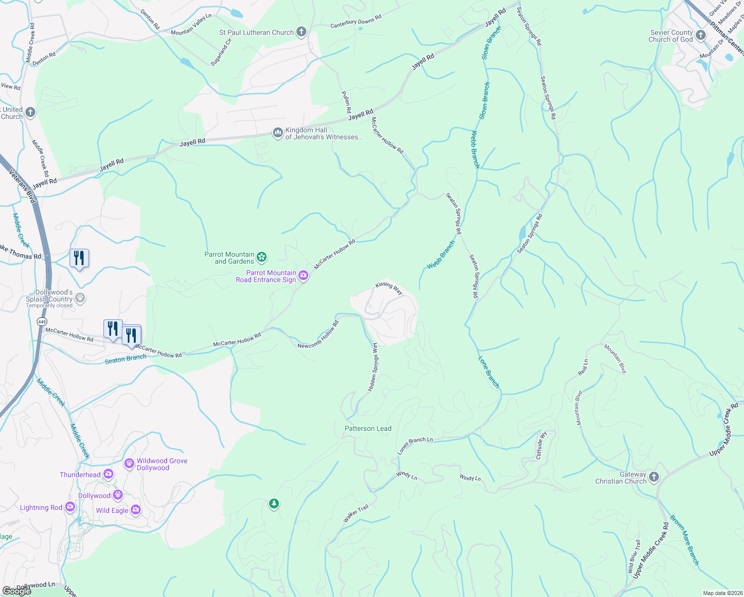 map of restaurants, bars, coffee shops, grocery stores, and more near 1512 Boo Boos Way in Sevierville