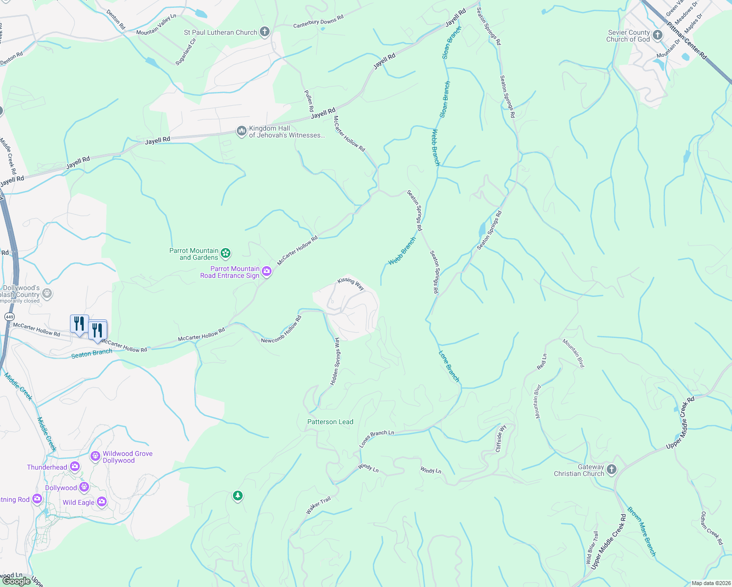 map of restaurants, bars, coffee shops, grocery stores, and more near 1536 Bears Den Way in Sevierville