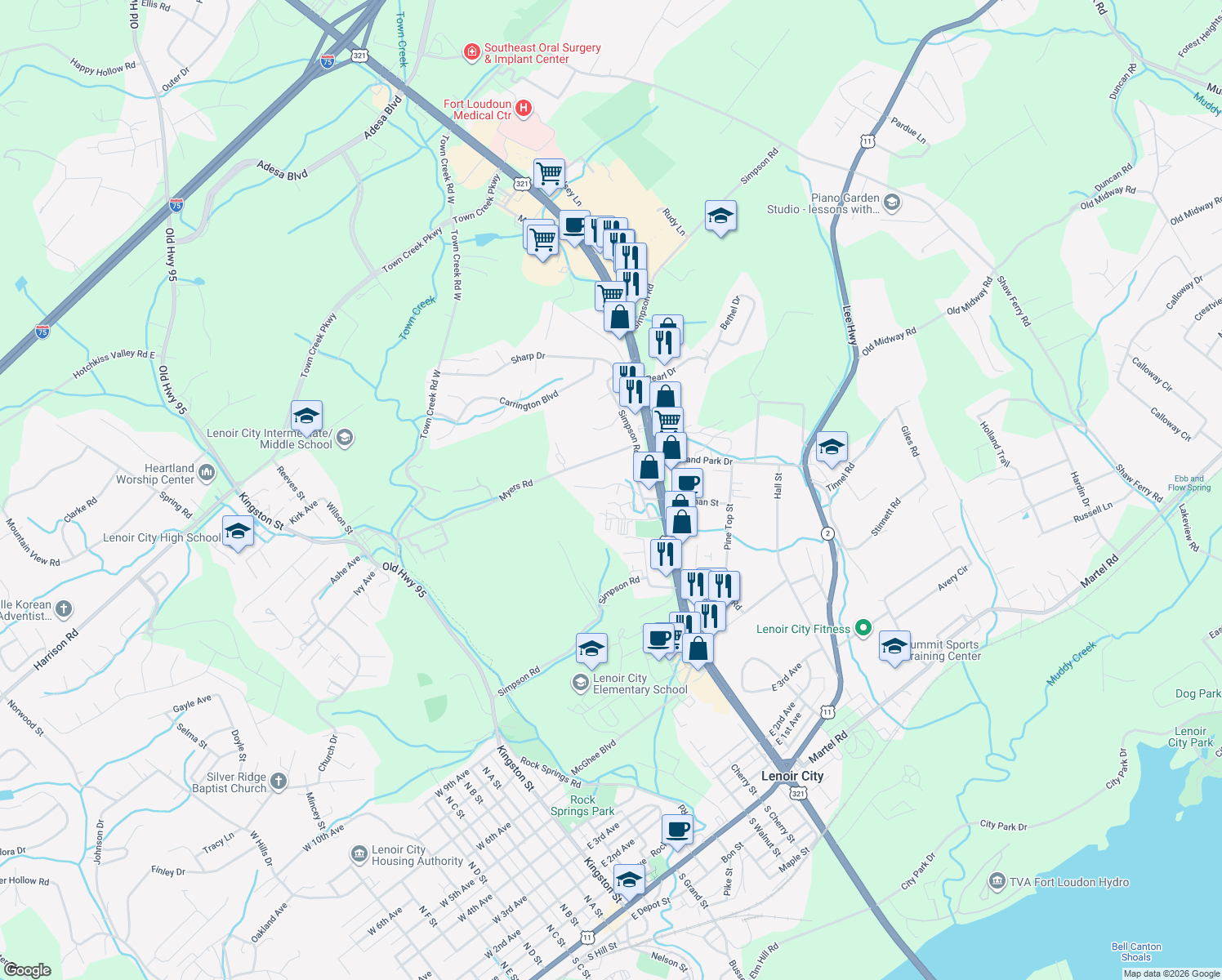 map of restaurants, bars, coffee shops, grocery stores, and more near 113 Pinewood Dr in Lenoir City