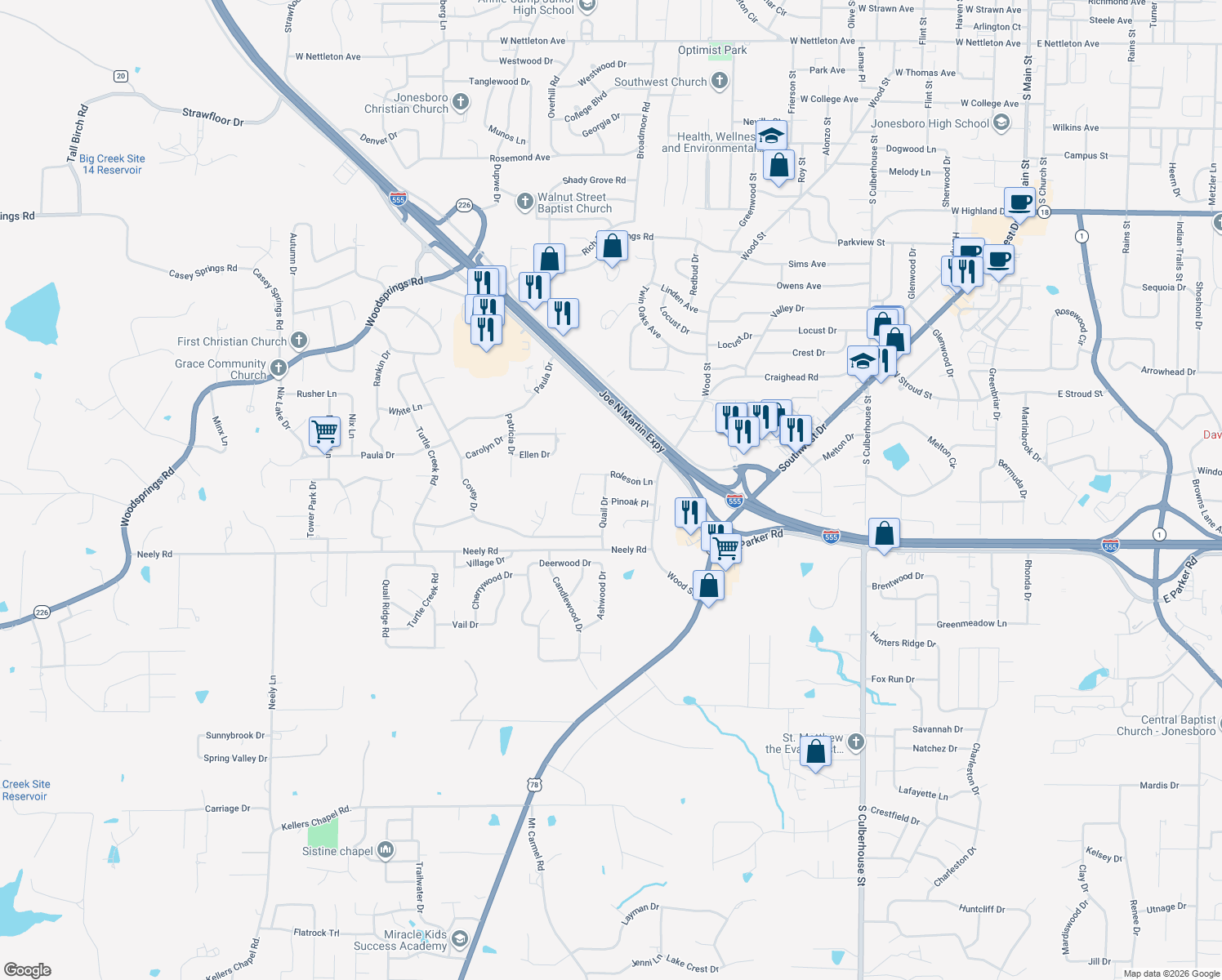 map of restaurants, bars, coffee shops, grocery stores, and more near 3012 Quail Drive in Jonesboro