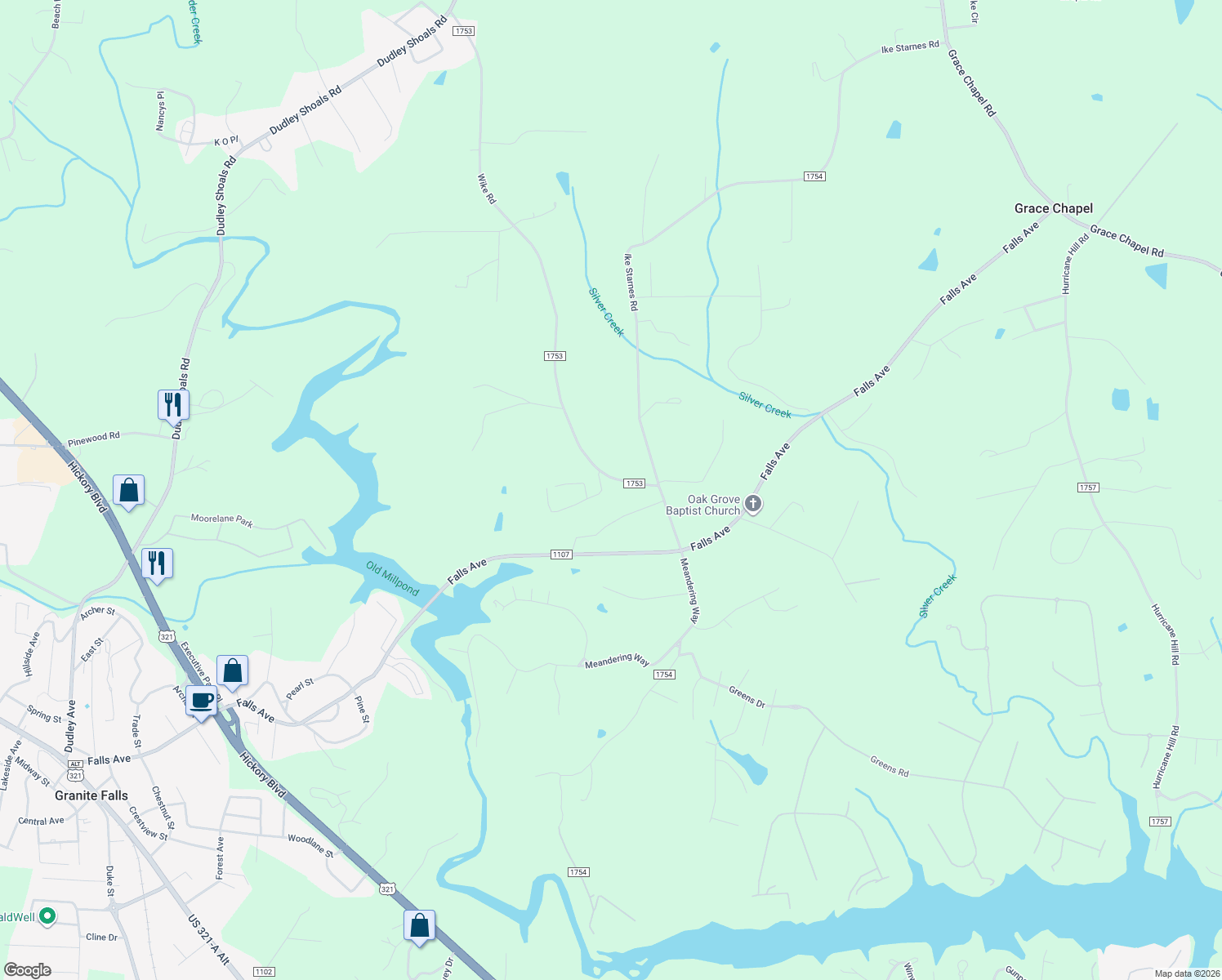 map of restaurants, bars, coffee shops, grocery stores, and more near 4525 Wike Road in Granite Falls