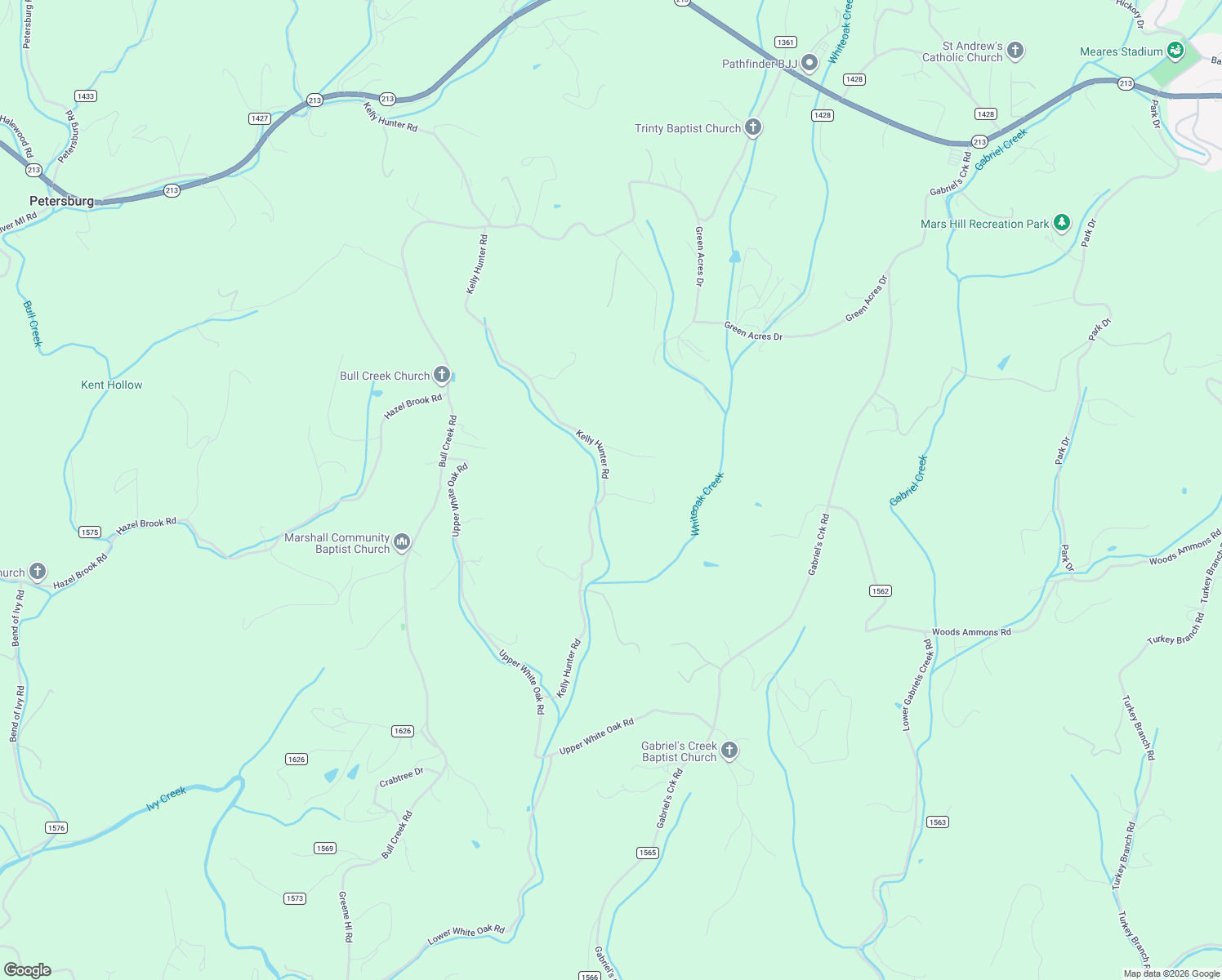 map of restaurants, bars, coffee shops, grocery stores, and more near 114 Kelly Hunter Road in Marshall