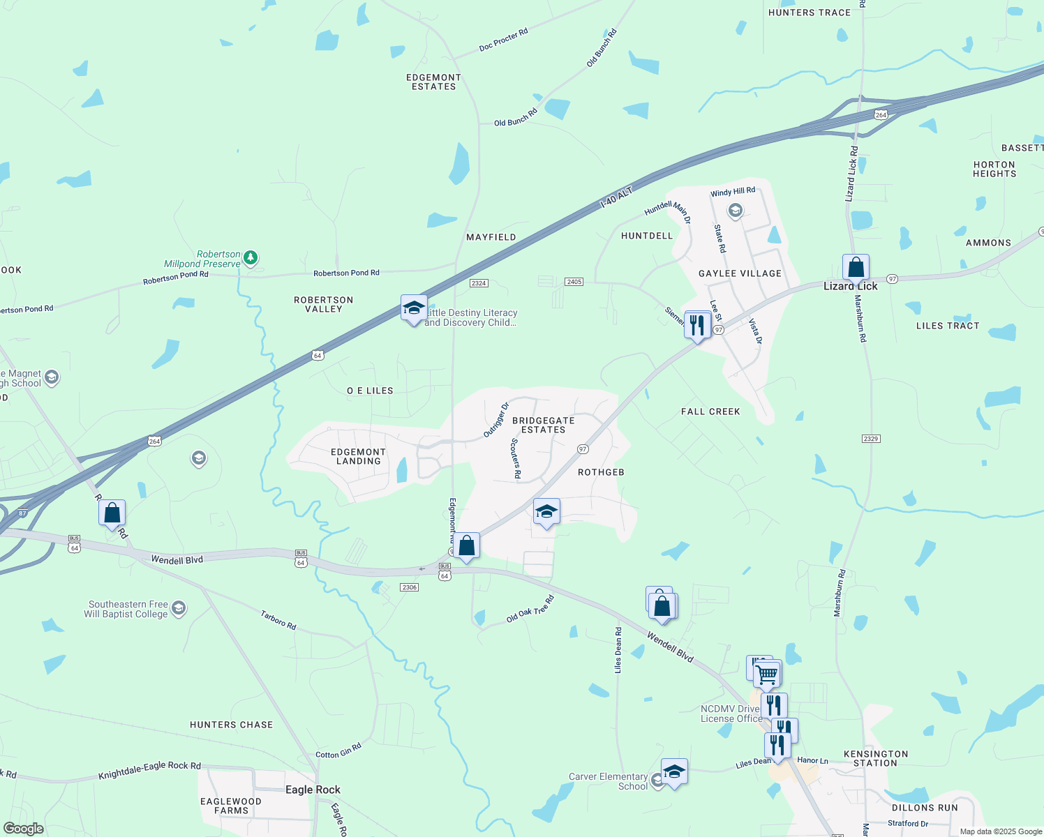 map of restaurants, bars, coffee shops, grocery stores, and more near 1113 Scouters Road in Wendell