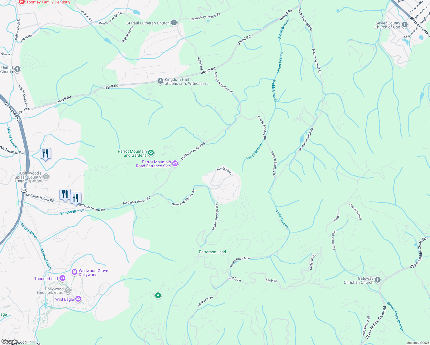 map of restaurants, bars, coffee shops, grocery stores, and more near 1512 Boo Boos Way in Sevierville