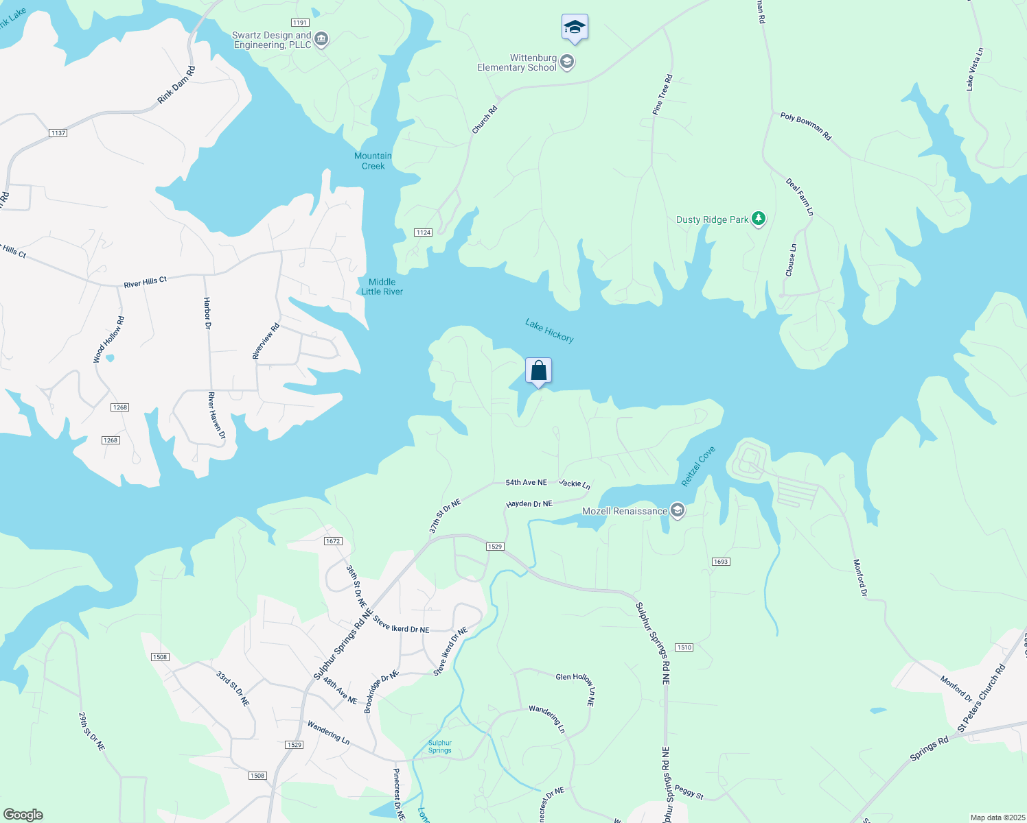 map of restaurants, bars, coffee shops, grocery stores, and more near 5520 37th Street Drive Northeast in Hickory