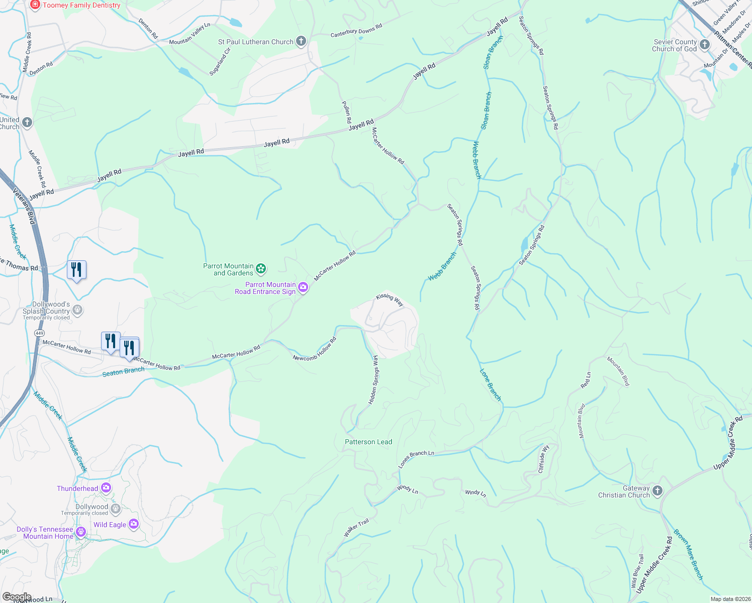 map of restaurants, bars, coffee shops, grocery stores, and more near 1503 Boo Boos Way in Sevierville