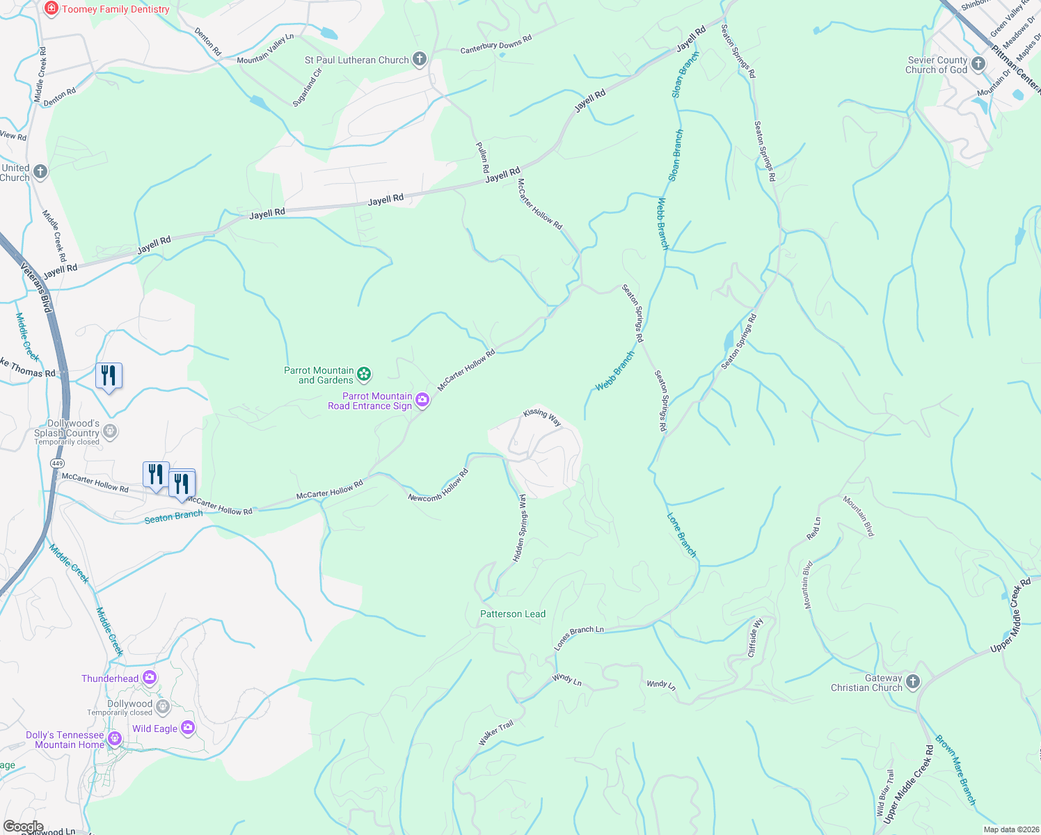 map of restaurants, bars, coffee shops, grocery stores, and more near 1658 Kissing Way in Sevierville