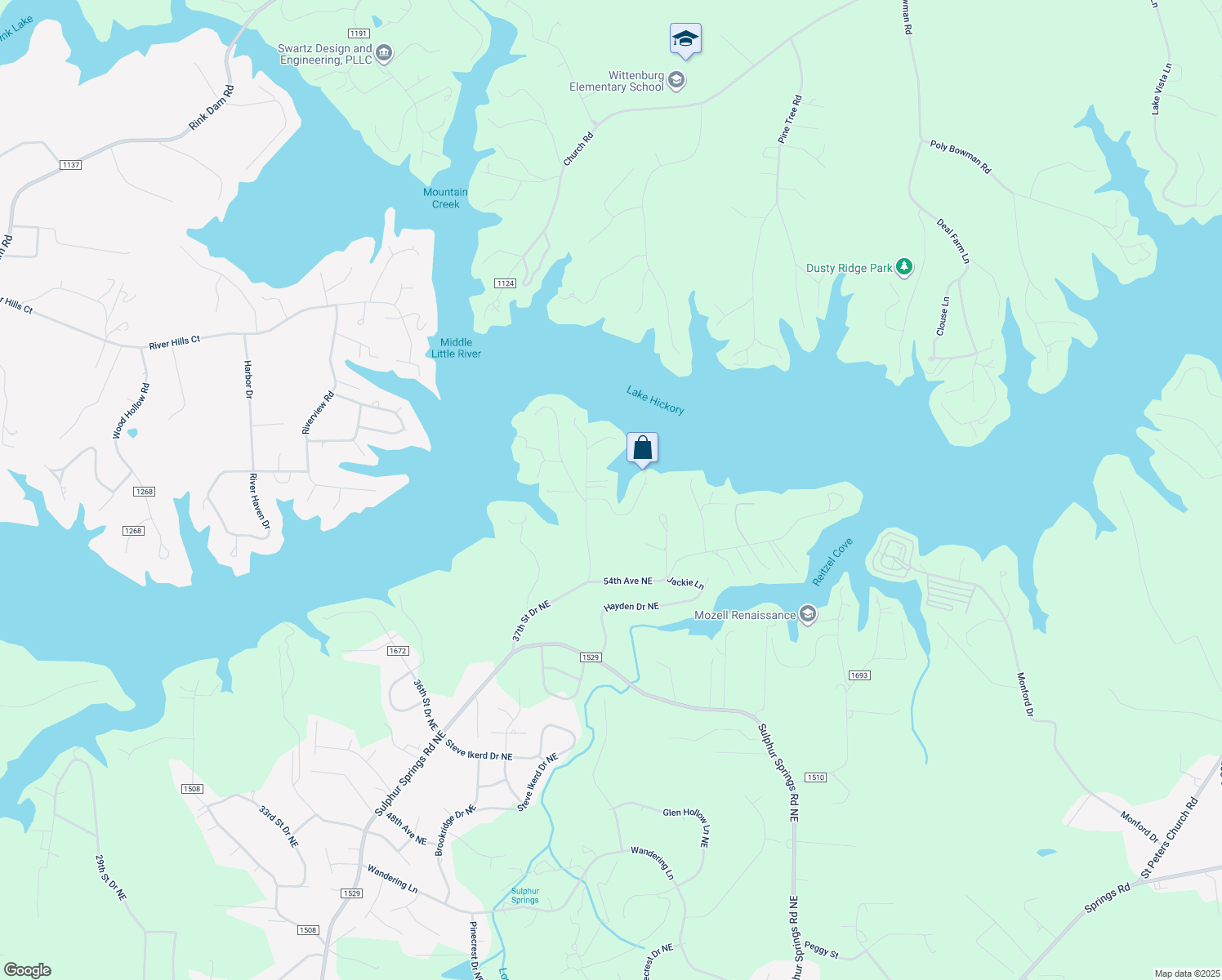 map of restaurants, bars, coffee shops, grocery stores, and more near 5520 37th Street Drive Northeast in Hickory