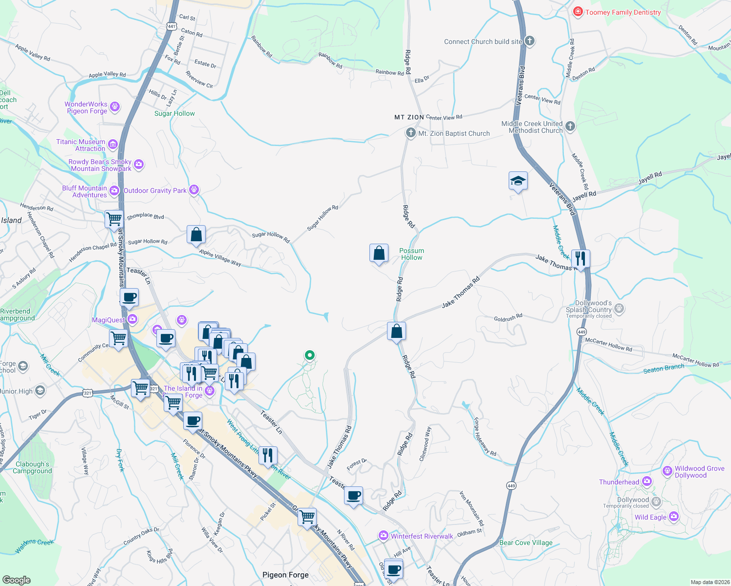 map of restaurants, bars, coffee shops, grocery stores, and more near 2044 Ridge Road in Pigeon Forge