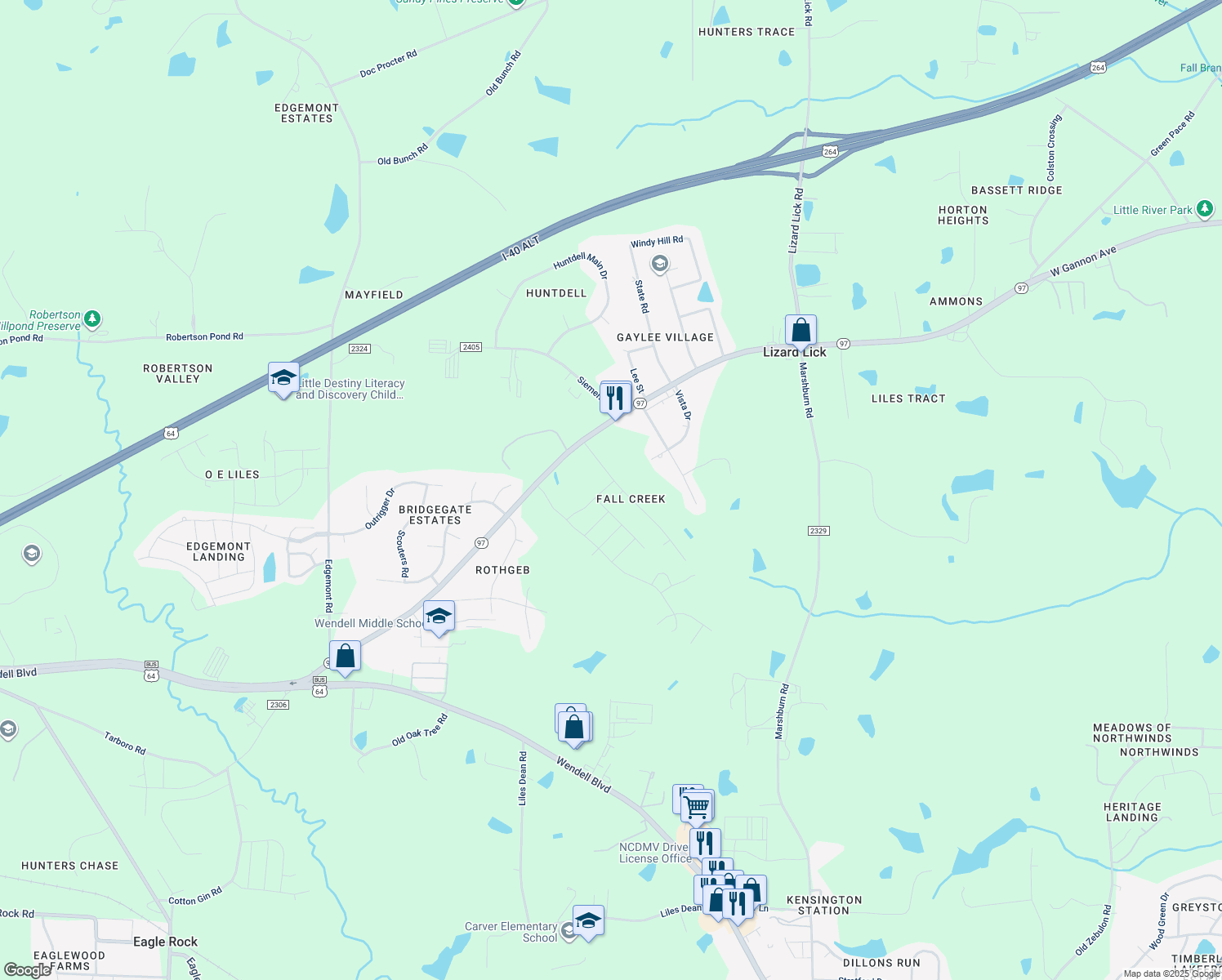 map of restaurants, bars, coffee shops, grocery stores, and more near 1429 Raybon Drive in Wendell