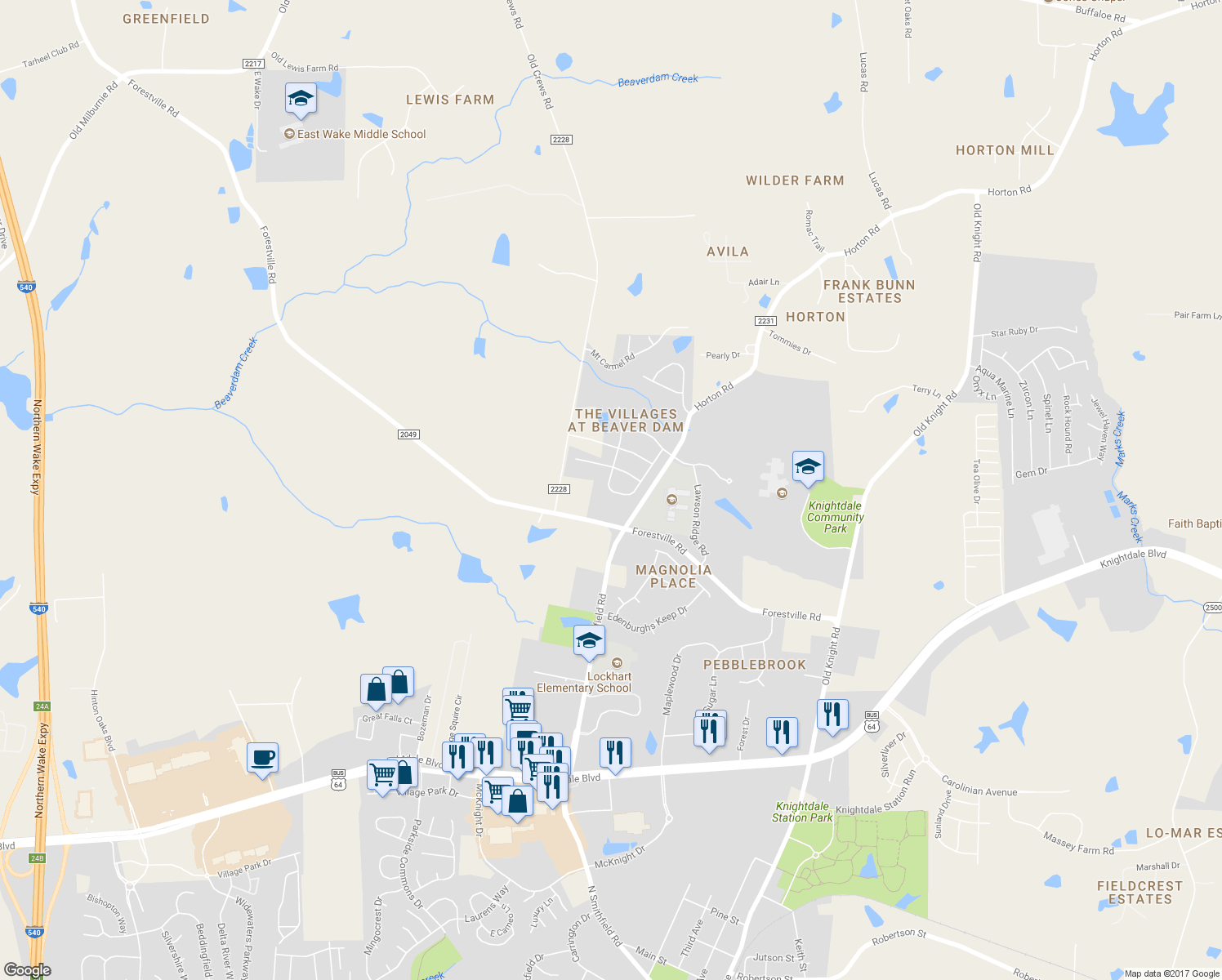 map of restaurants, bars, coffee shops, grocery stores, and more near 322 Hope Valley Road in Knightdale