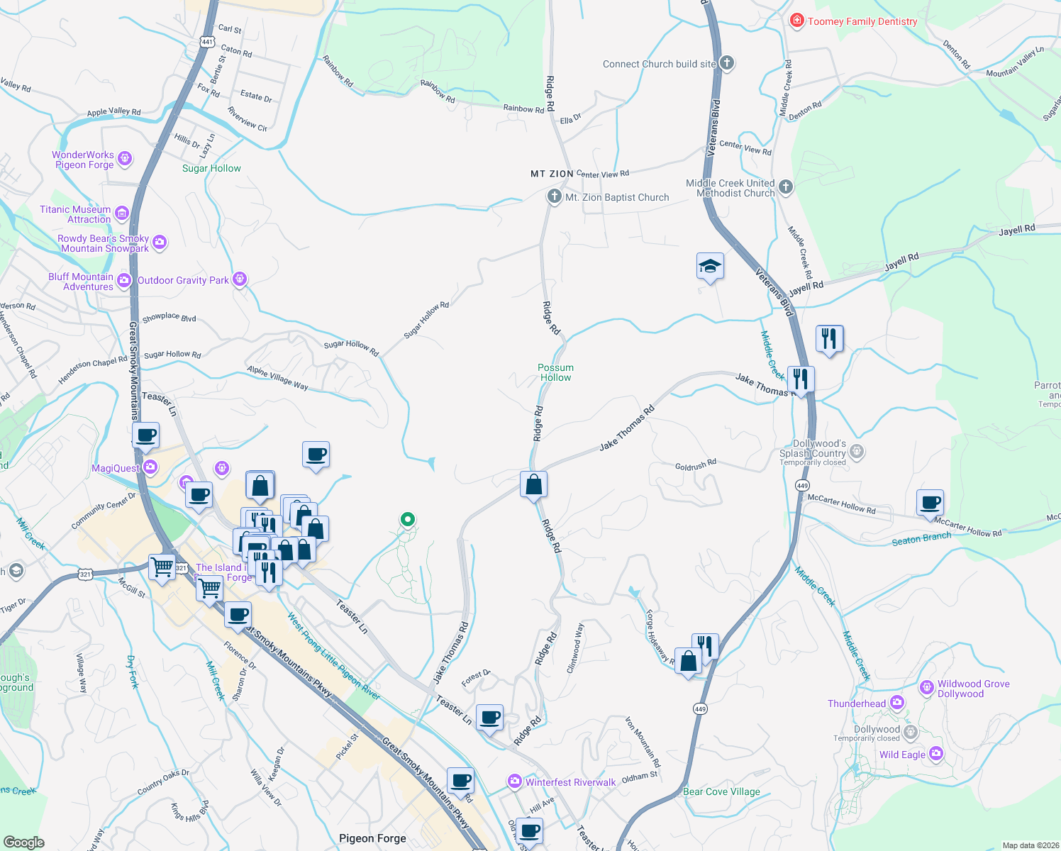 map of restaurants, bars, coffee shops, grocery stores, and more near 2044 Ridge Road in Pigeon Forge