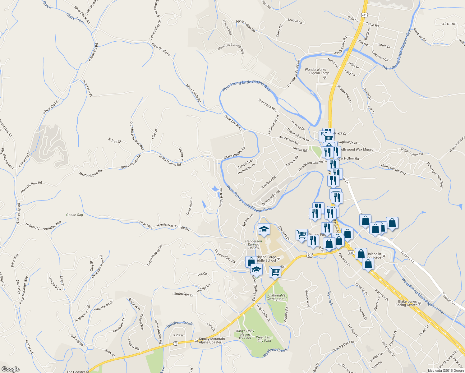 map of restaurants, bars, coffee shops, grocery stores, and more near 2123 River Bank Drive in Pigeon Forge