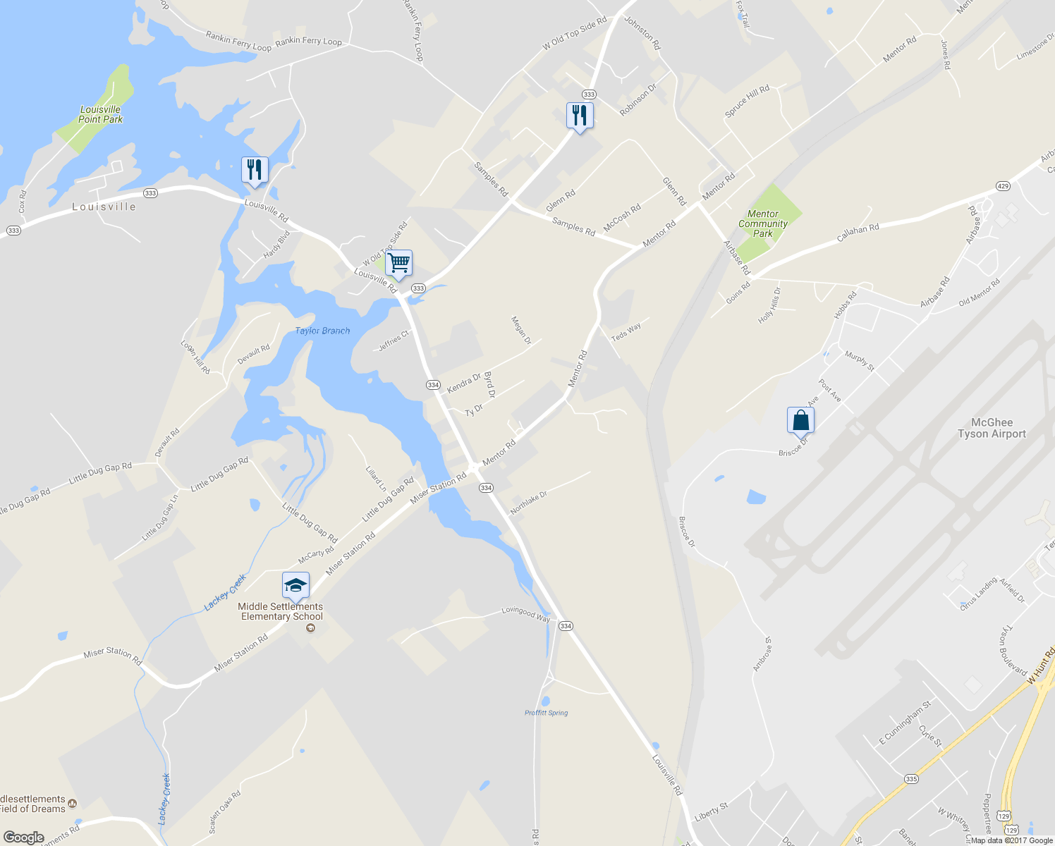 map of restaurants, bars, coffee shops, grocery stores, and more near 2832 Mentor Road in Louisville