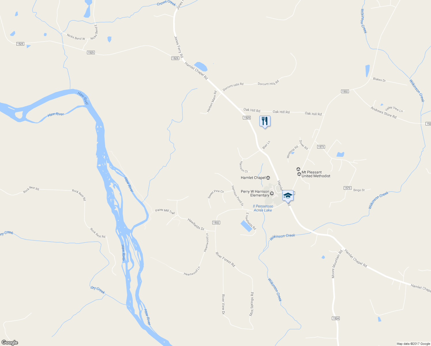 map of restaurants, bars, coffee shops, grocery stores, and more near 327 Harrison Pond Drive in Pittsboro