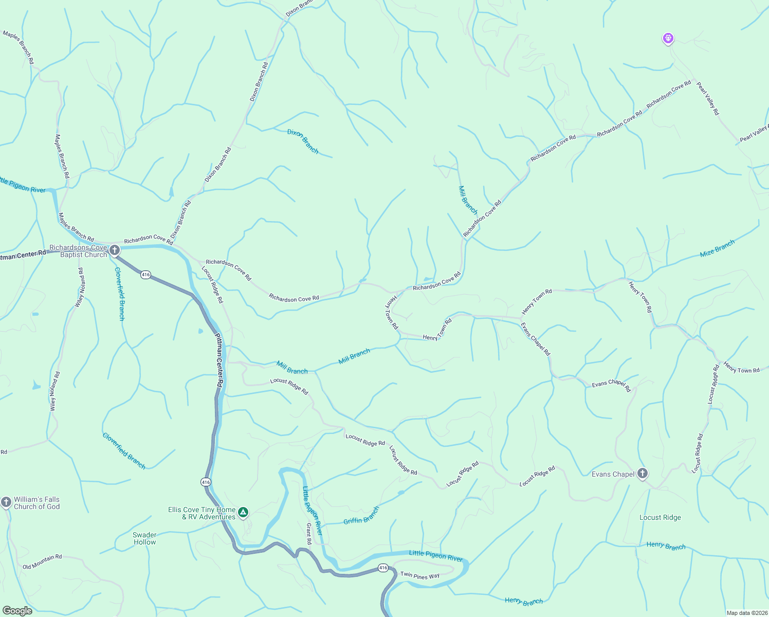 map of restaurants, bars, coffee shops, grocery stores, and more near 3616 Henry Town Road in Sevierville