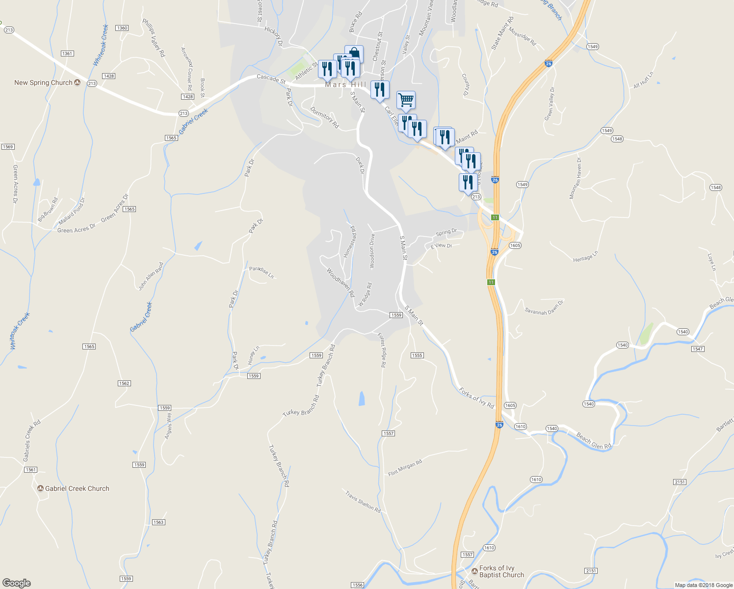map of restaurants, bars, coffee shops, grocery stores, and more near 157 West Ridge Road in Mars Hill