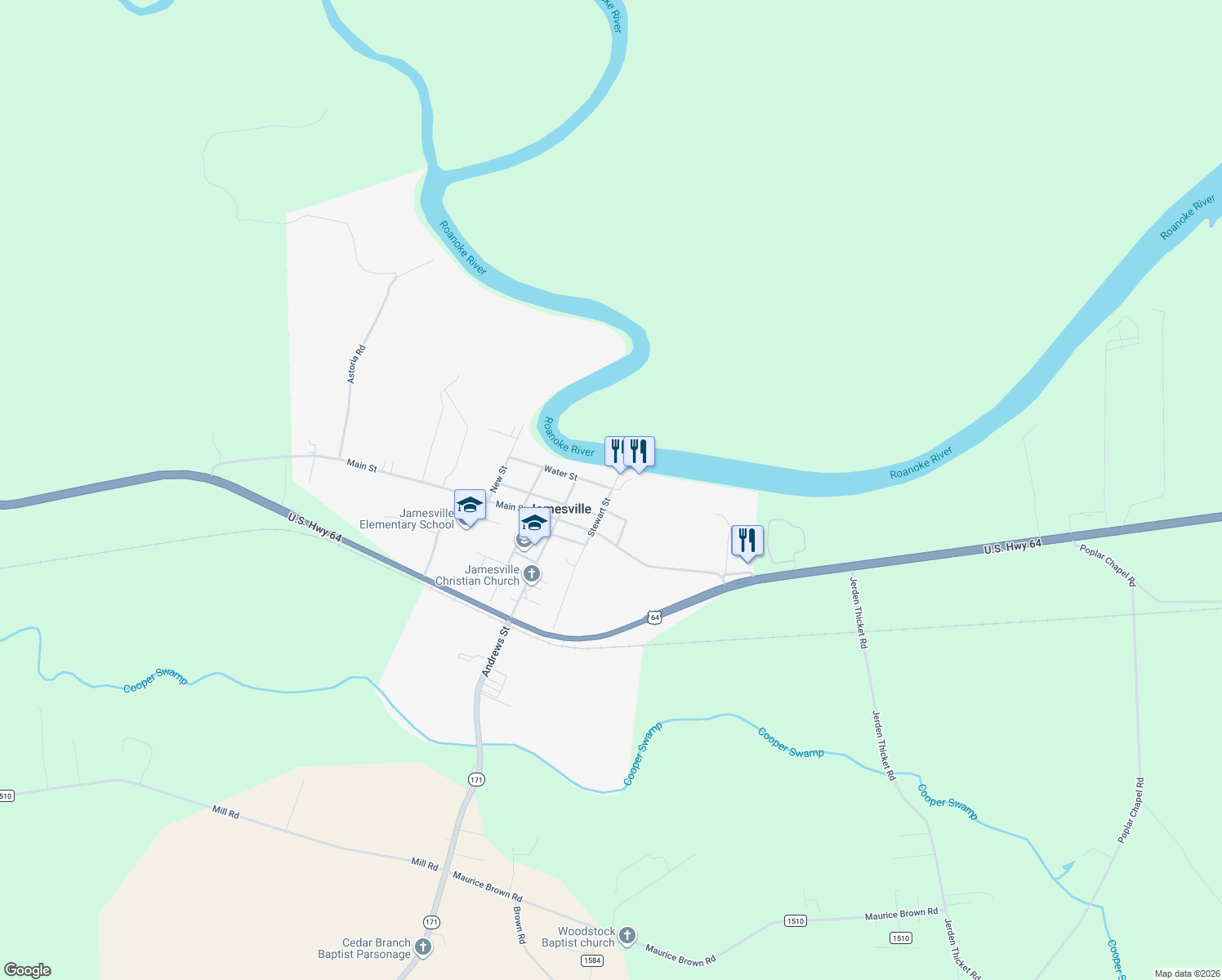 map of restaurants, bars, coffee shops, grocery stores, and more near 1520 Stewart St in Jamesville