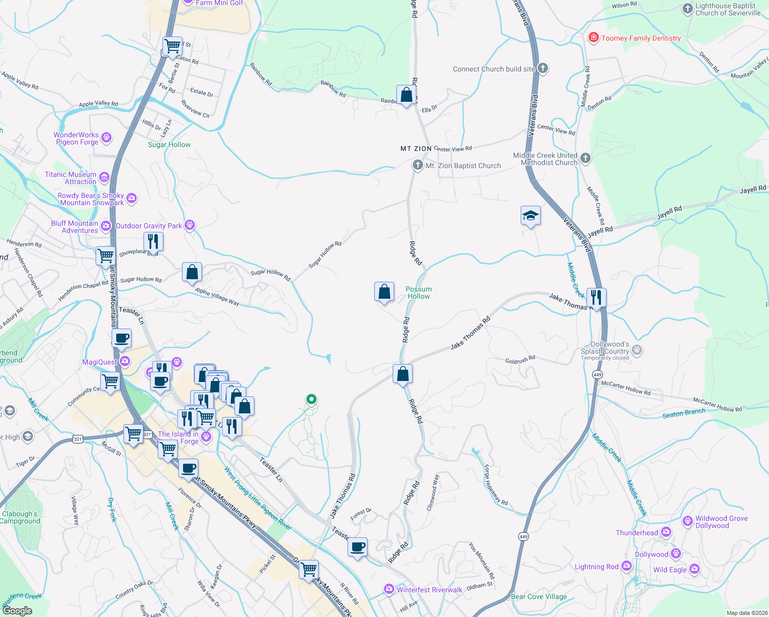map of restaurants, bars, coffee shops, grocery stores, and more near 3049 Ridge Top Resort Way in Pigeon Forge