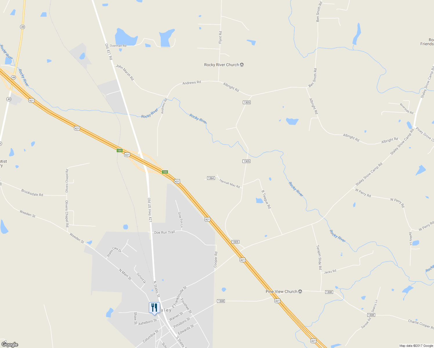 map of restaurants, bars, coffee shops, grocery stores, and more near 254 Hannah Mac Road in Staley