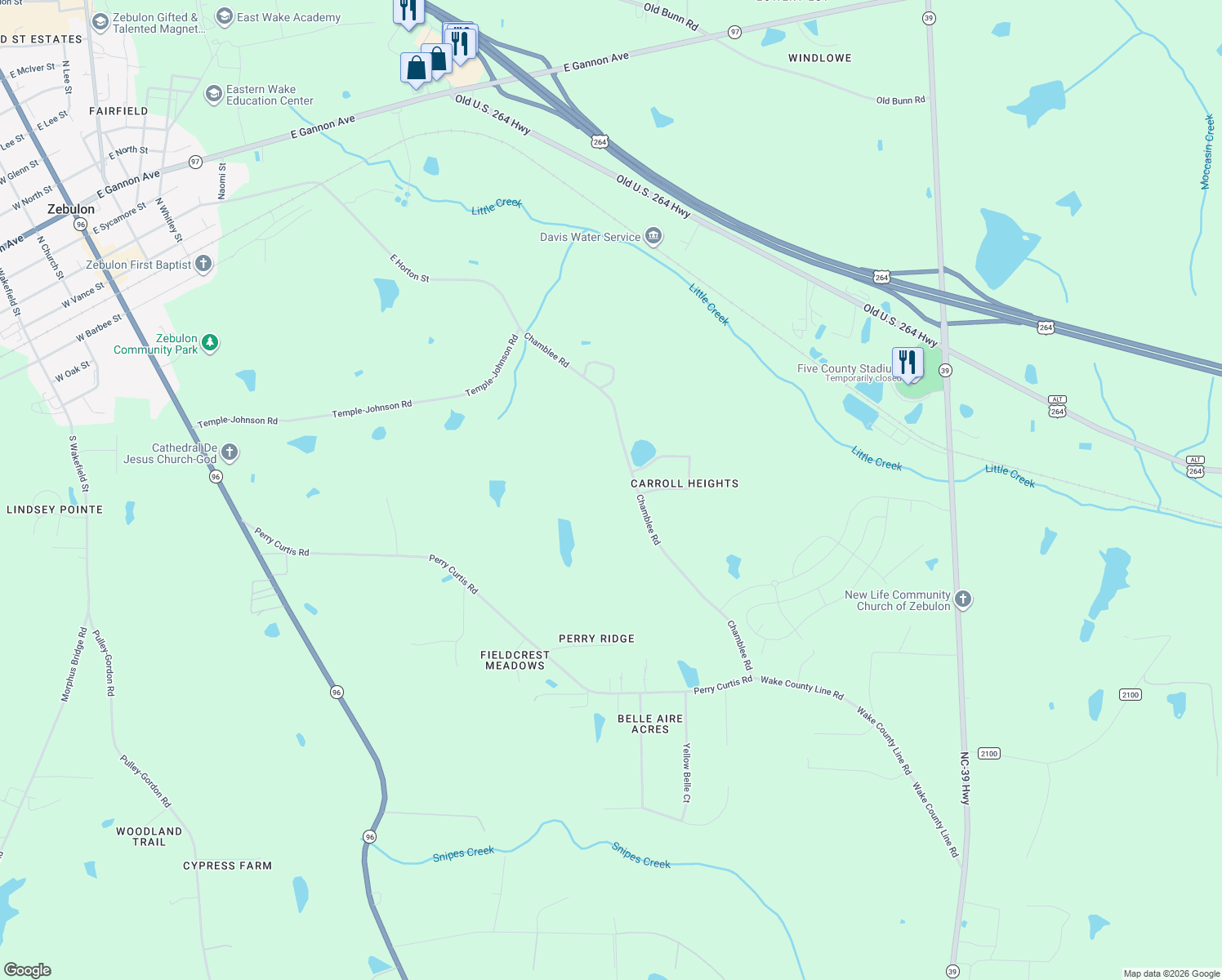 map of restaurants, bars, coffee shops, grocery stores, and more near 1404 Chamblee Road in Zebulon