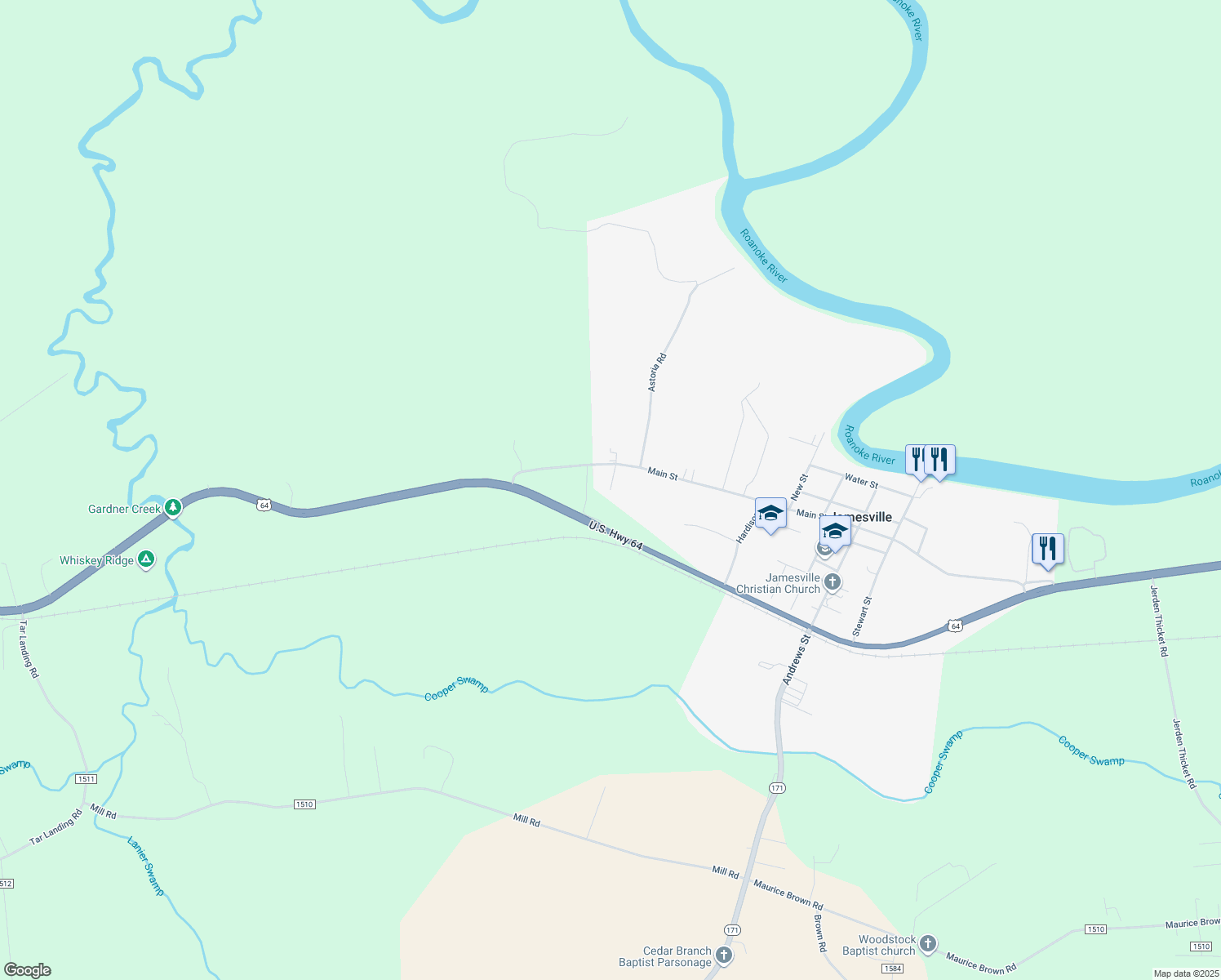 map of restaurants, bars, coffee shops, grocery stores, and more near 509 Hillcrest Ct in Jamesville