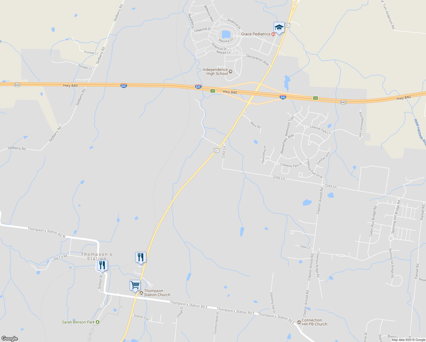 map of restaurants, bars, coffee shops, grocery stores, and more near 4584 Columbia Pike in Thompson's Station
