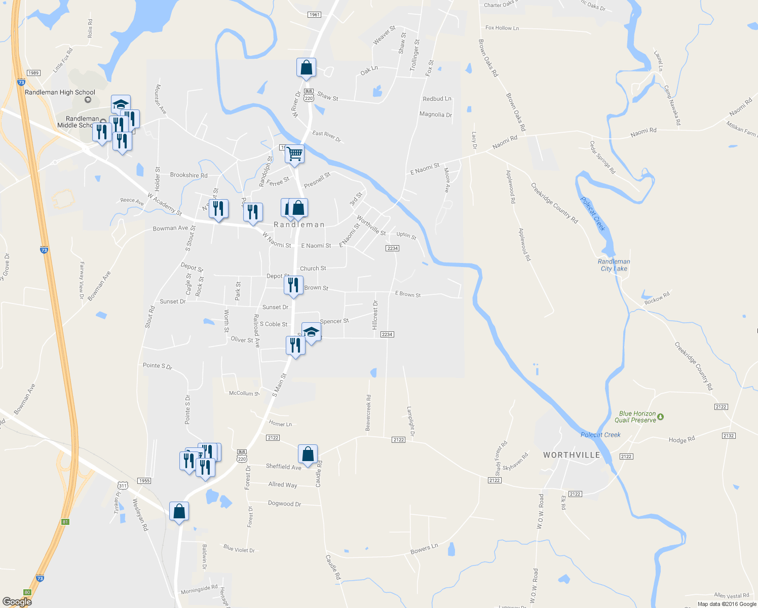 map of restaurants, bars, coffee shops, grocery stores, and more near 417 Hillcrest Drive in Randleman