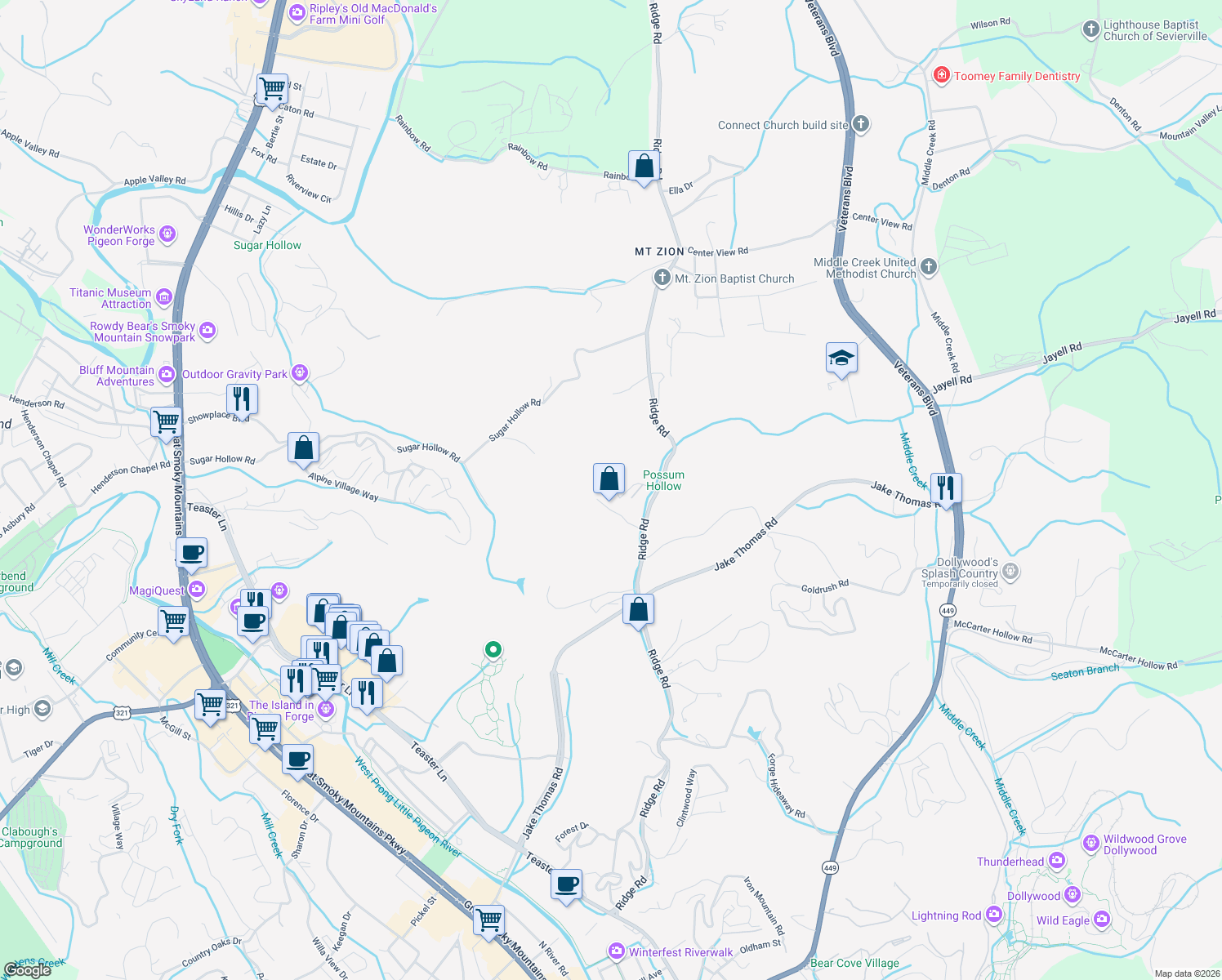 map of restaurants, bars, coffee shops, grocery stores, and more near 3049 Ridge Top Resort Way in Pigeon Forge