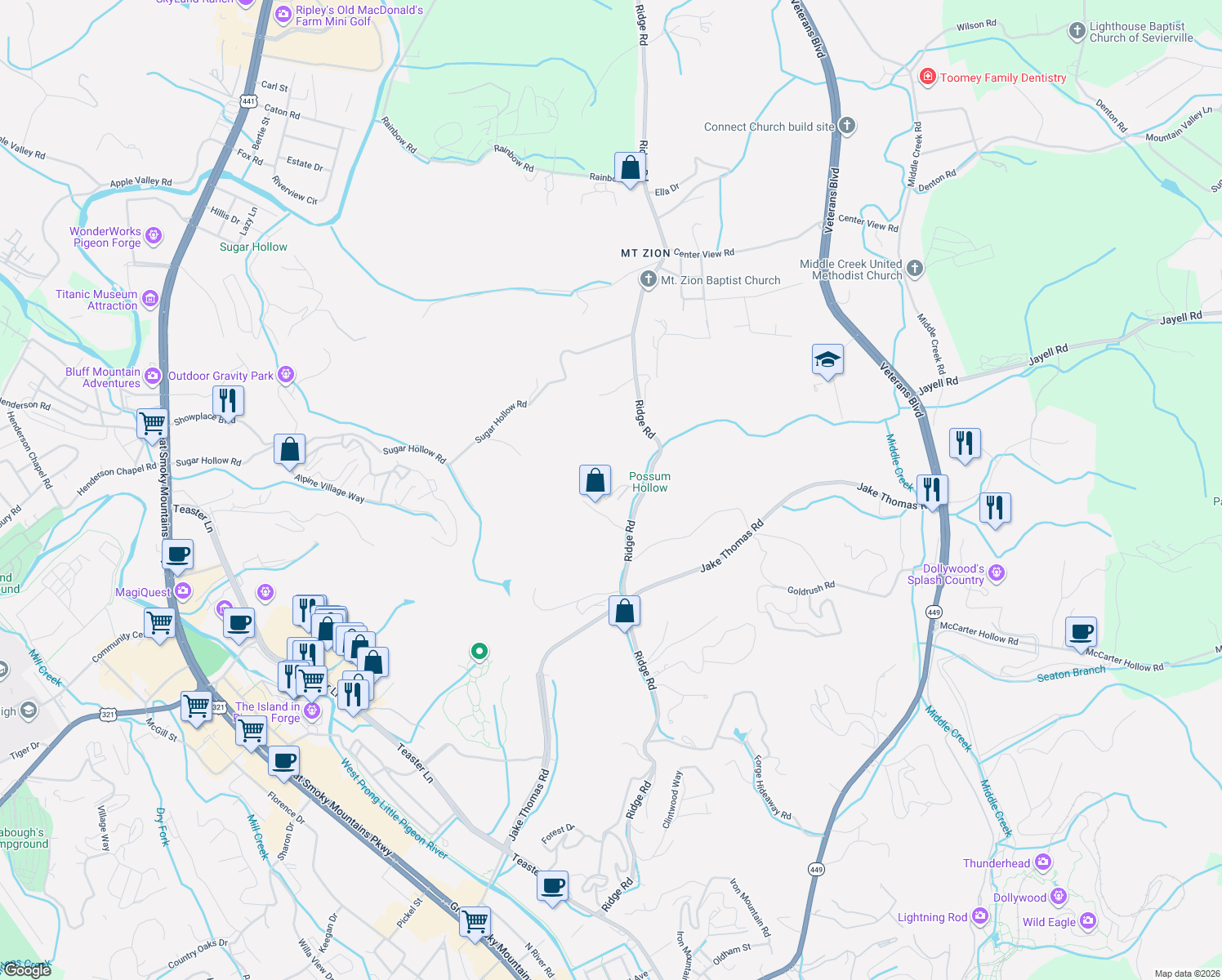 map of restaurants, bars, coffee shops, grocery stores, and more near 2032 Ridge Road in Pigeon Forge