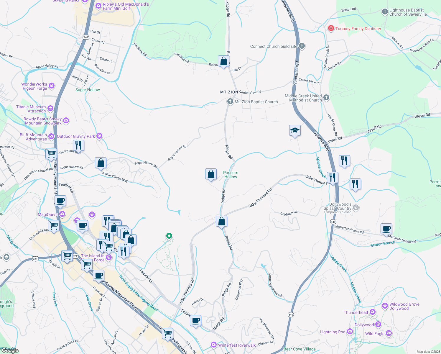 map of restaurants, bars, coffee shops, grocery stores, and more near 2032 Ridge Road in Pigeon Forge