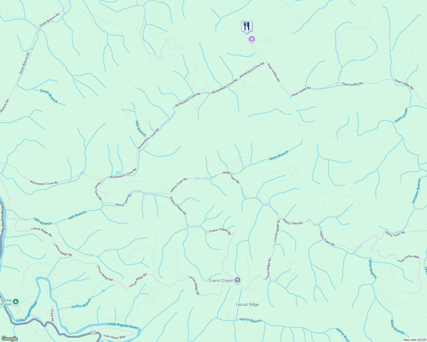 map of restaurants, bars, coffee shops, grocery stores, and more near 3943 Henry Town Road in Sevierville