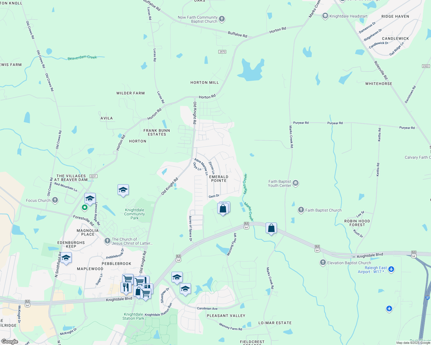 map of restaurants, bars, coffee shops, grocery stores, and more near 214 Zircon Lane in Knightdale