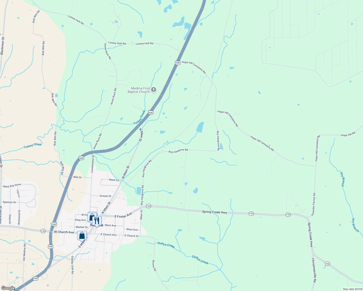 map of restaurants, bars, coffee shops, grocery stores, and more near 85 Roy Hargrove Road in Medina