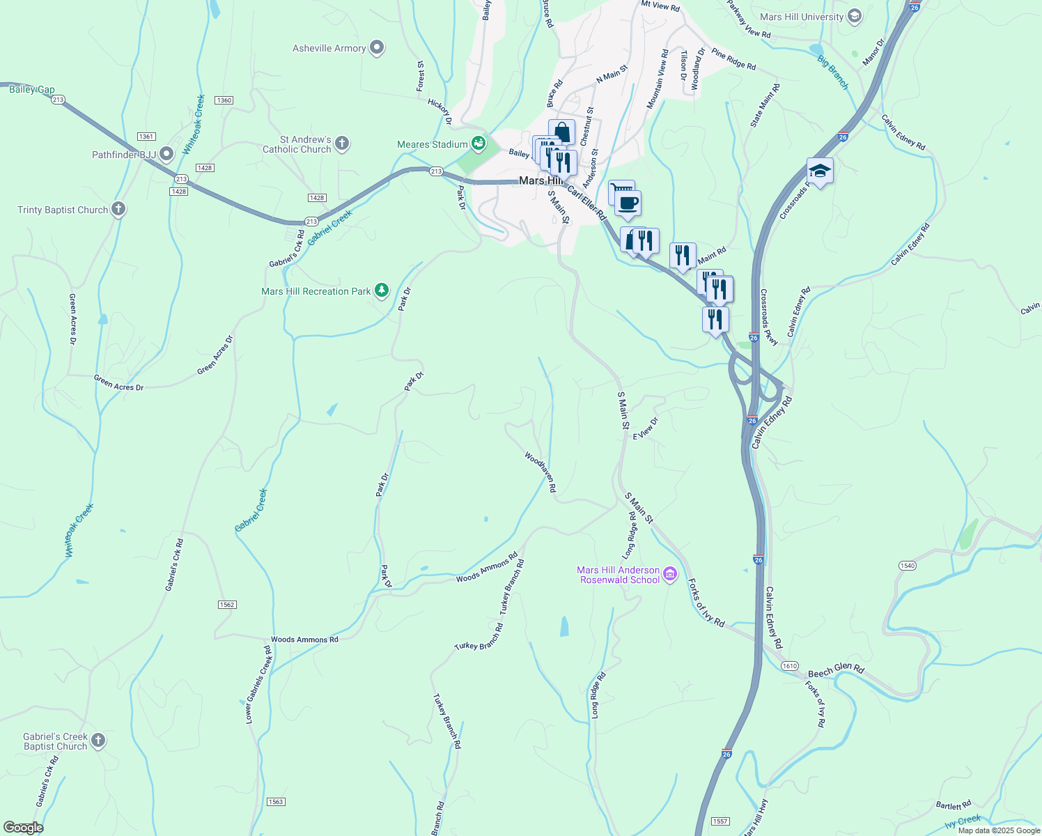 map of restaurants, bars, coffee shops, grocery stores, and more near 171 Quail Ridge Road in Mars Hill