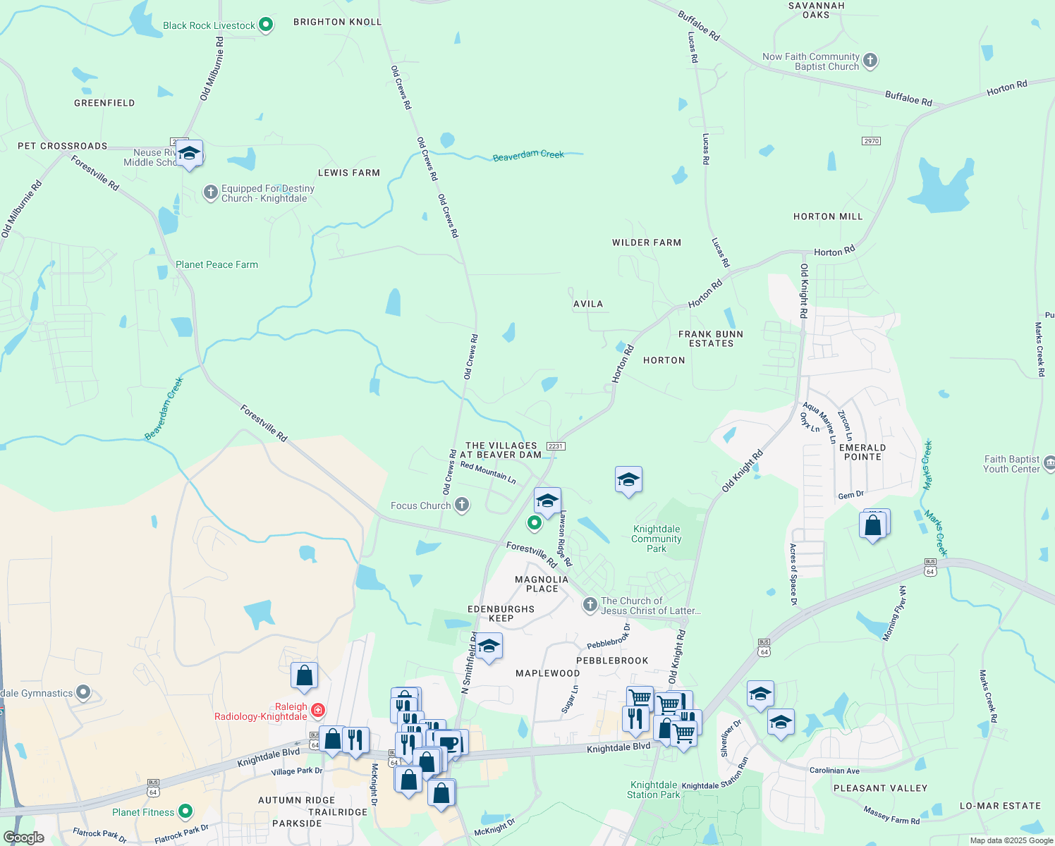 map of restaurants, bars, coffee shops, grocery stores, and more near 211 Allendown Lane in Knightdale