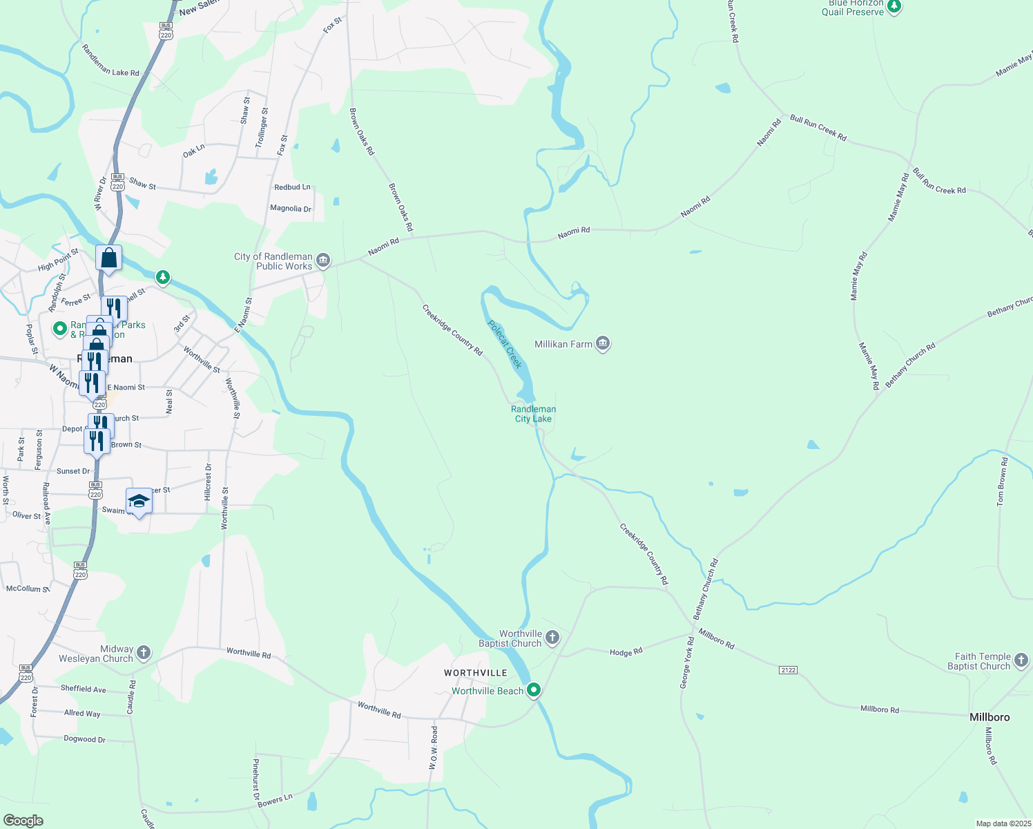 map of restaurants, bars, coffee shops, grocery stores, and more near 3609 Creekridge Country Road in Randleman