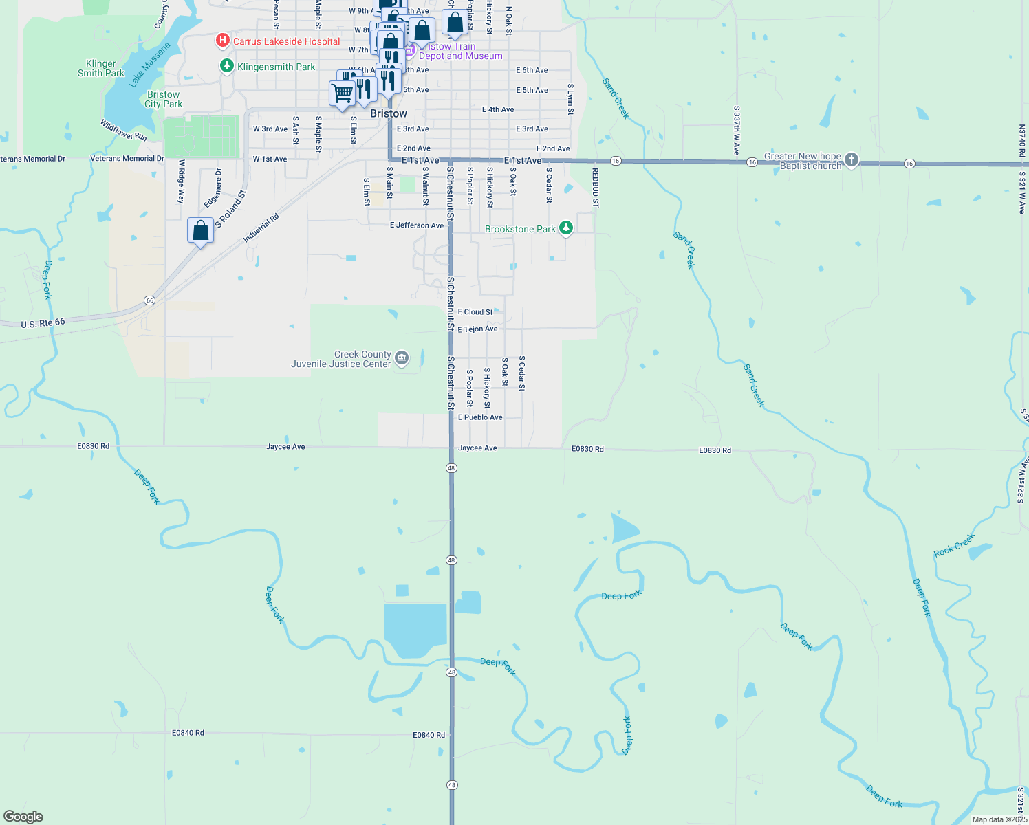 map of restaurants, bars, coffee shops, grocery stores, and more near 1635 South Oak Street in Bristow