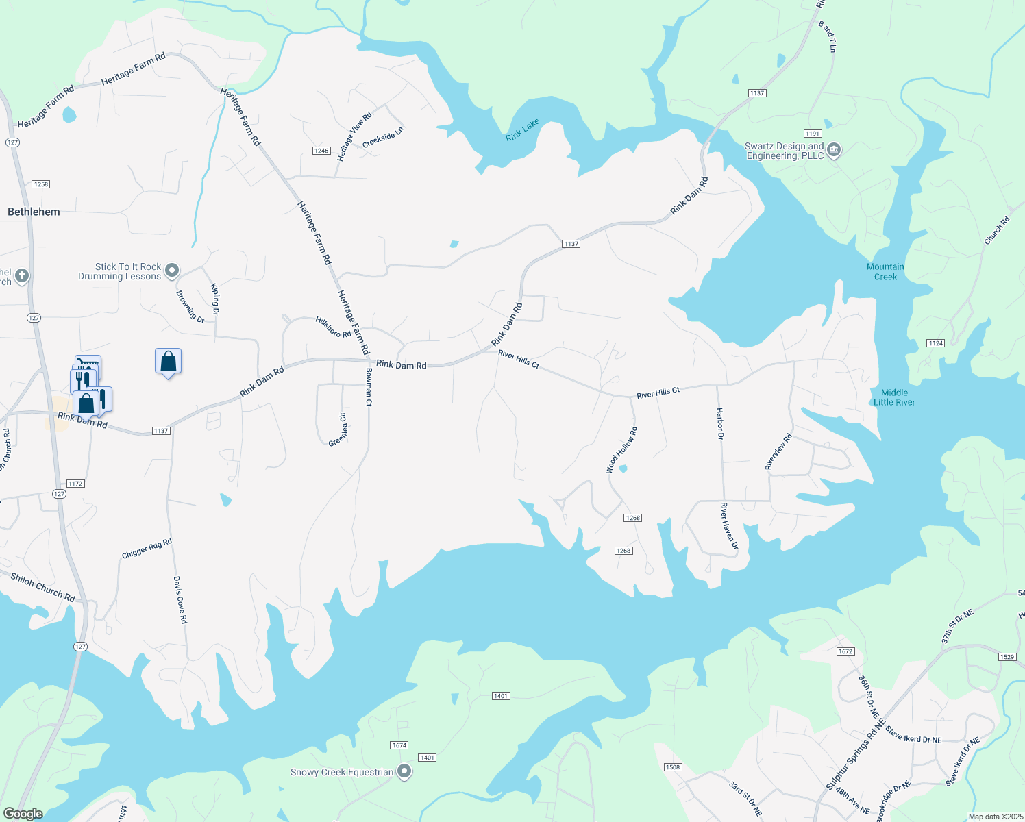 map of restaurants, bars, coffee shops, grocery stores, and more near Starnes Circle Drive in Taylorsville
