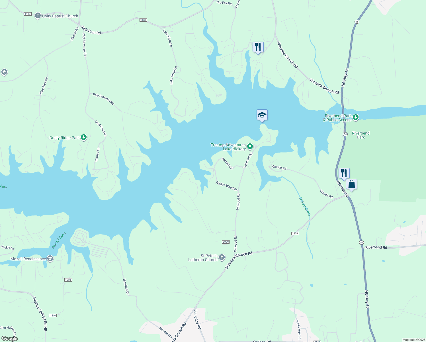 map of restaurants, bars, coffee shops, grocery stores, and more near 1473 Wedge Wood Drive in Conover