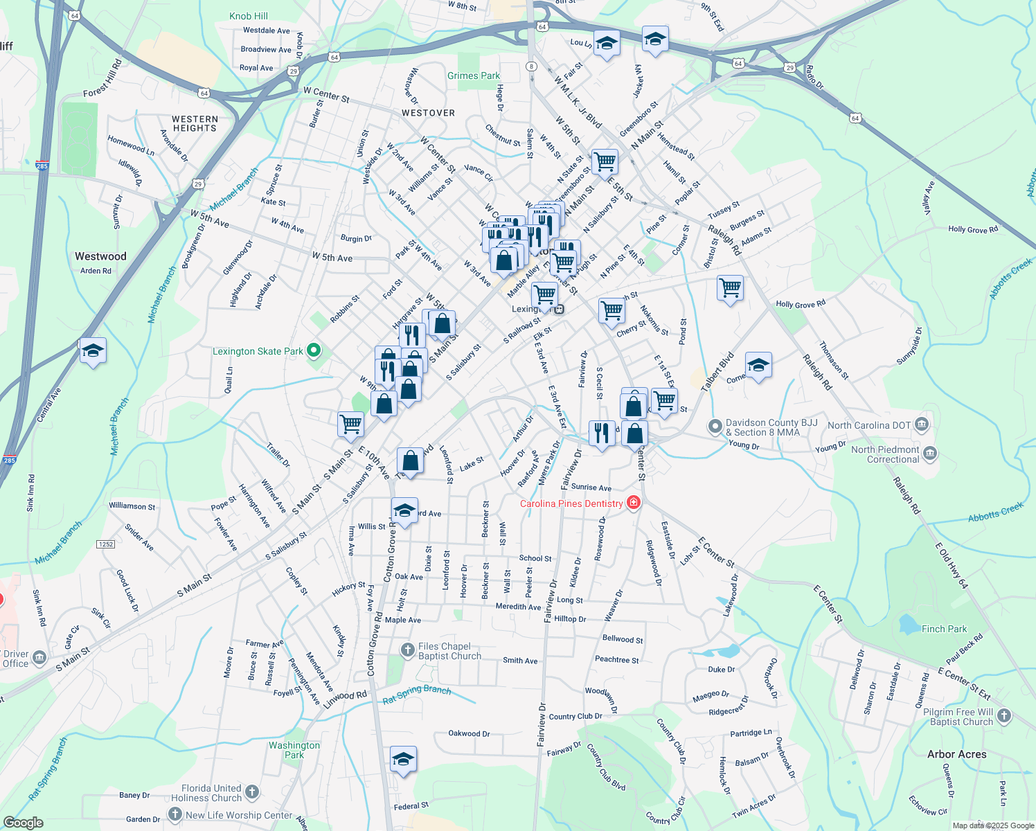 map of restaurants, bars, coffee shops, grocery stores, and more near Washington Avenue in Lexington