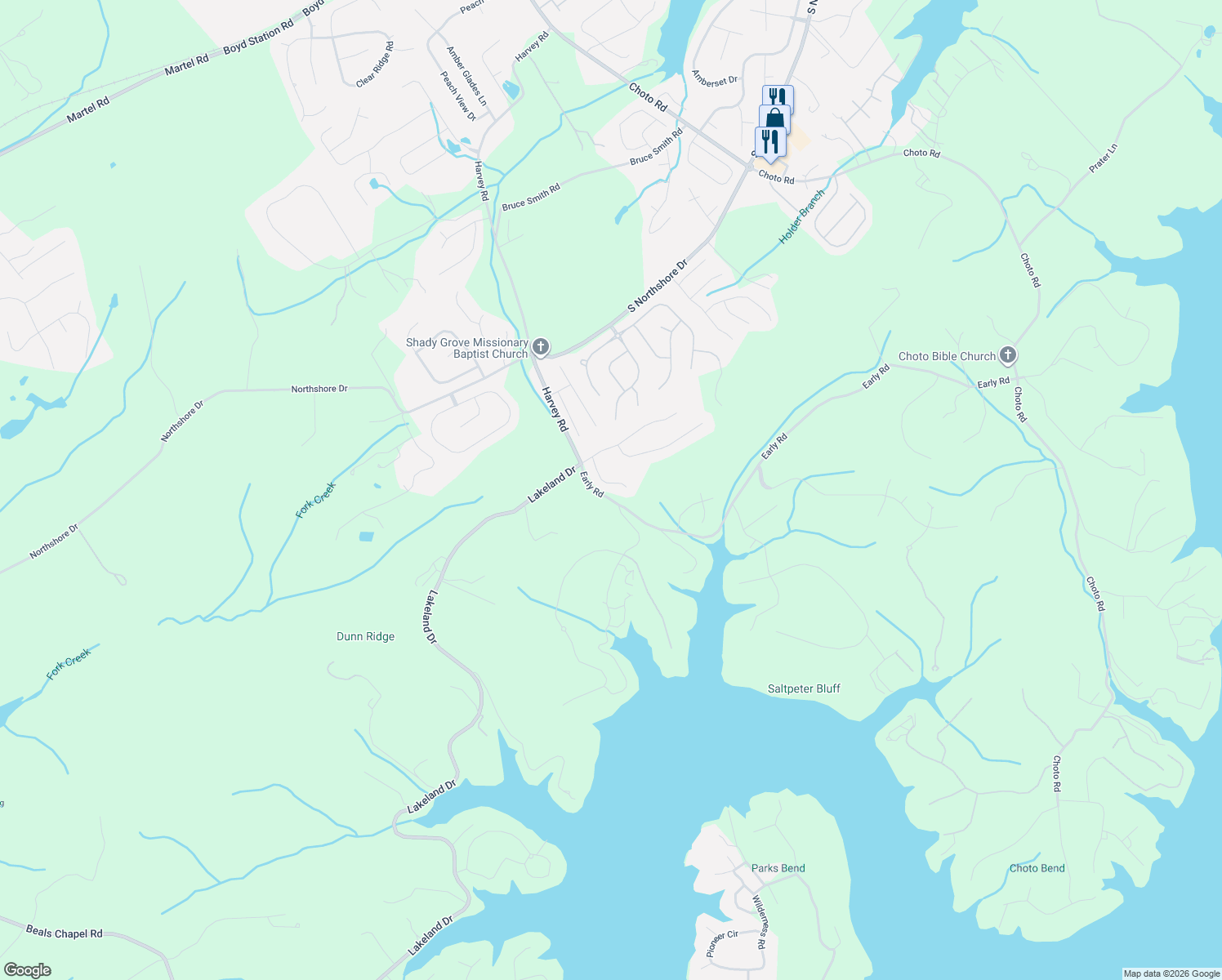 map of restaurants, bars, coffee shops, grocery stores, and more near 1907 Harvey Road in Lenoir City