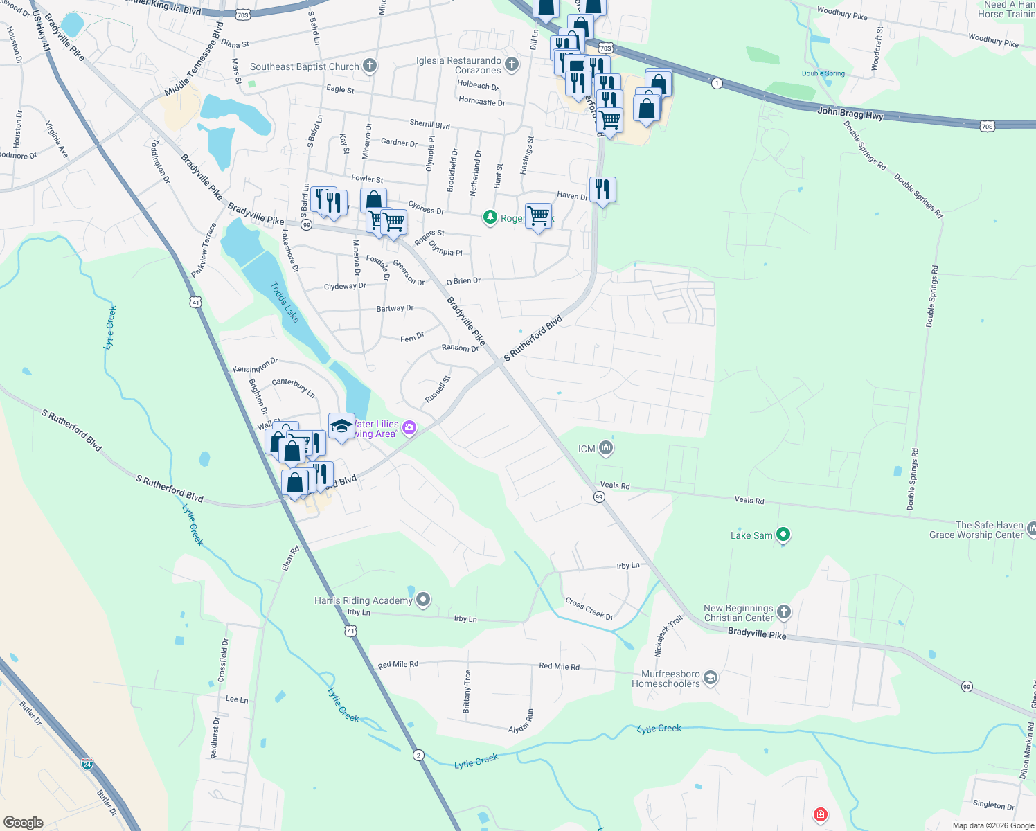 map of restaurants, bars, coffee shops, grocery stores, and more near 2248 Bradyville Pike in Murfreesboro