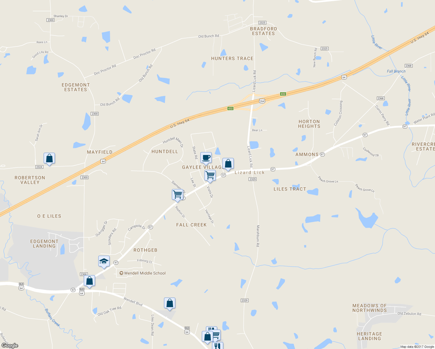 map of restaurants, bars, coffee shops, grocery stores, and more near 2716 North Carolina 97 in Wendell
