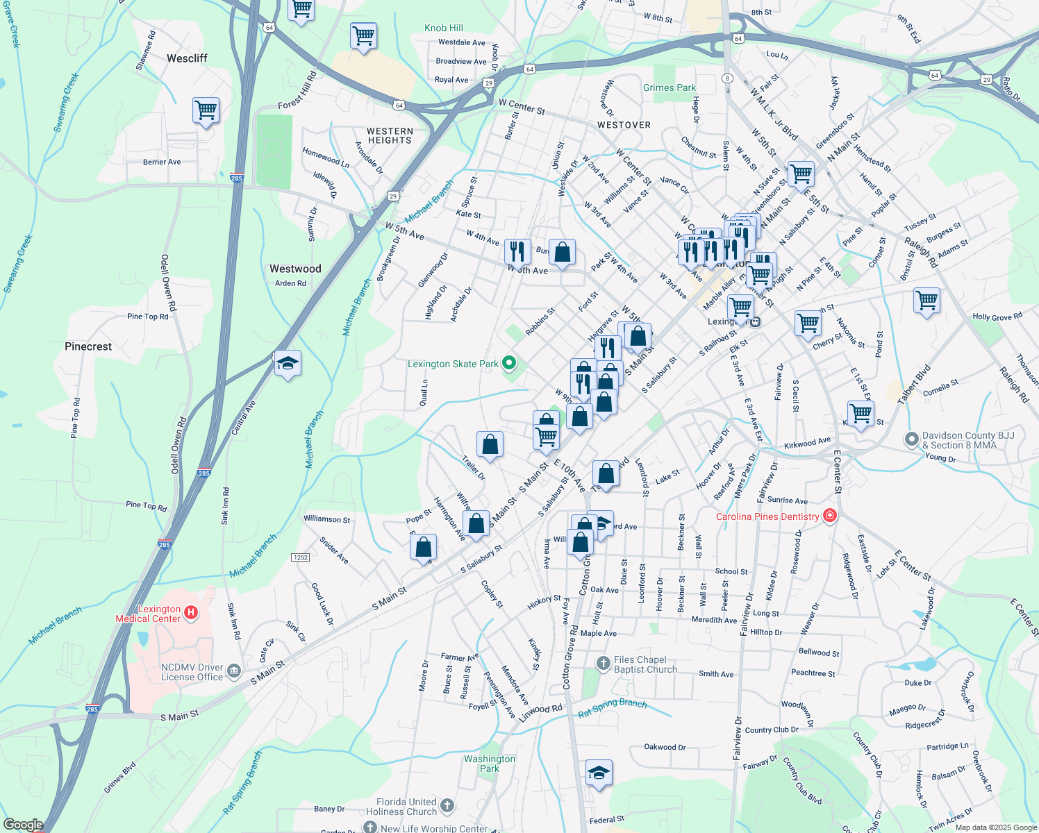 map of restaurants, bars, coffee shops, grocery stores, and more near 18 Robbins Circle in Lexington