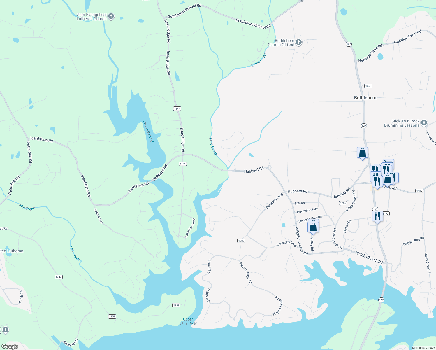 map of restaurants, bars, coffee shops, grocery stores, and more near 37 Stillwater Lane in Hickory