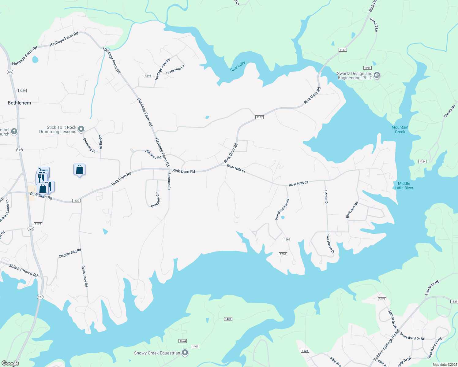 map of restaurants, bars, coffee shops, grocery stores, and more near Starnes Circle Drive in Taylorsville