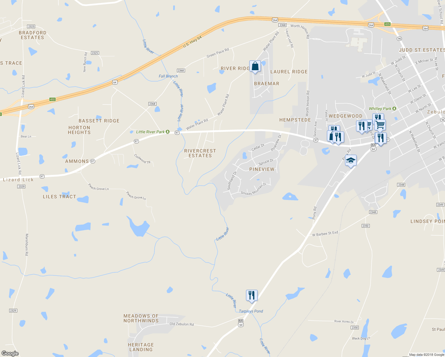 map of restaurants, bars, coffee shops, grocery stores, and more near 206 Dulcimer Lane in Zebulon